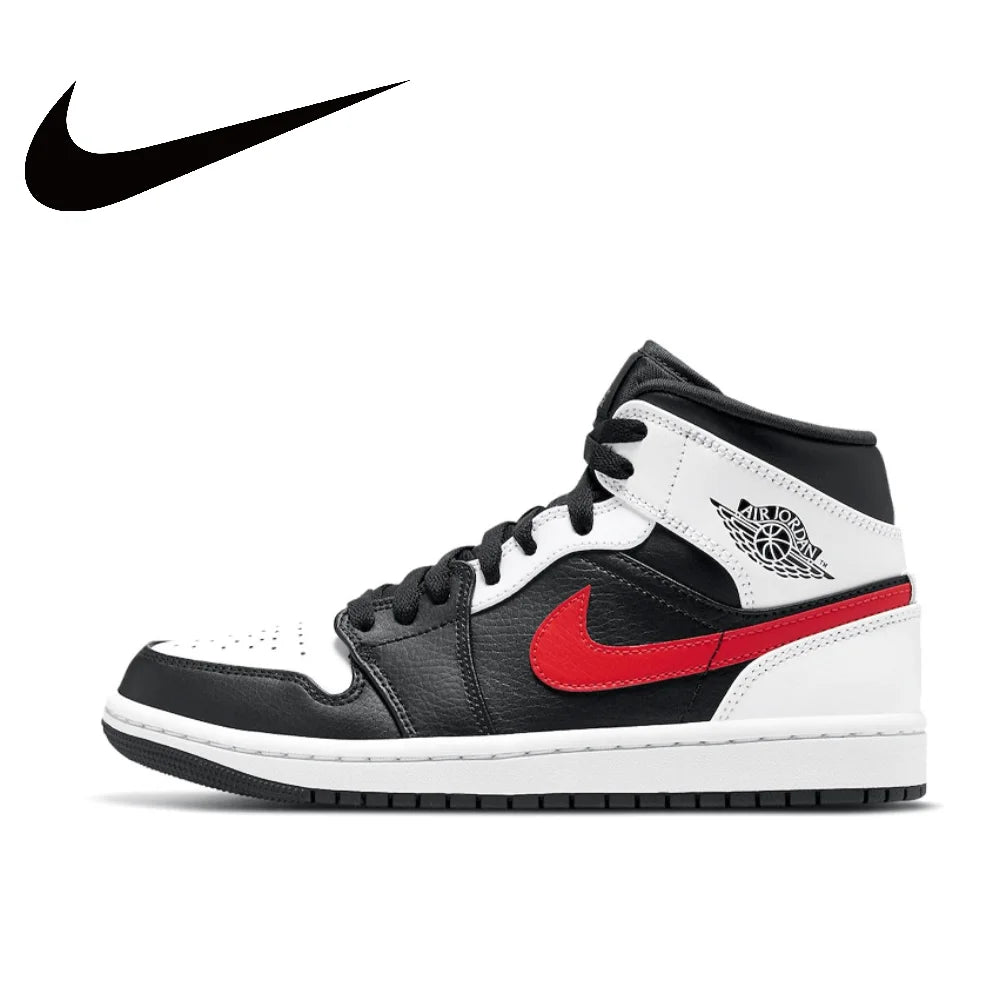 Nike Original Air Jordan 1 Mid Mens Retro Classic Basketball Sneakers Classic Black and Red Colorway